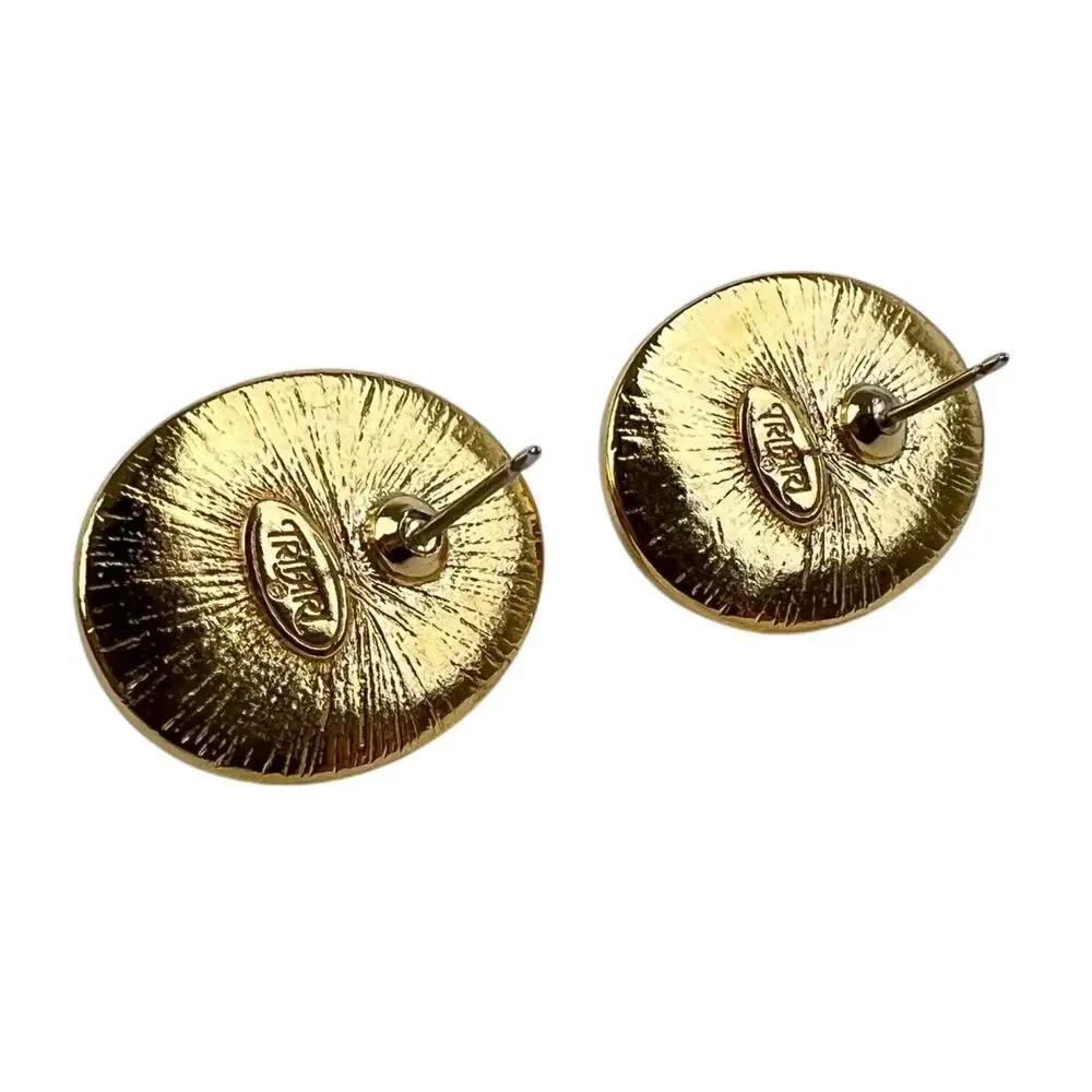 Vintage Trifari Earrings Pink Lucite Cabochon Pierced Stud Oval Gold Tone Pastel - Picture 9 of 10